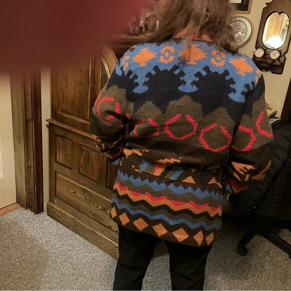 VTG Rafaella Aztec southwestern print wool tie waist shawl cardigan coat M - Picture 4 of 5
